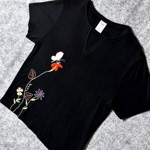 Premier International Ladies Womens M‎ Black Floral Butterfly V Neck T Shirt